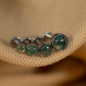 16G Moss Agate Flat Back Stud - Screw Back Stud - Natural Stone Earrings - Cartilage Piercing - Helix Stud - Silver - LJ29.17