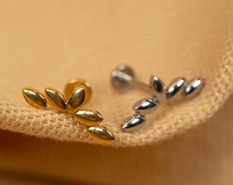 Aretes tipo abanico con forma de marquesa de 16 g con parte posterior plana - Aretes tipo tornillo - Aretes trepadores - Perforación de cartílago - Aretes tipo hélice - Oro - Plata - LJ28.24