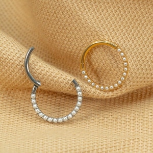 16G White Pearl Hoop • Titanium Clicker Hoop • Septum Ring • Conch Hoop • Cartilage Earring • Helix Piercing • Daith Hoop • LJ26.3