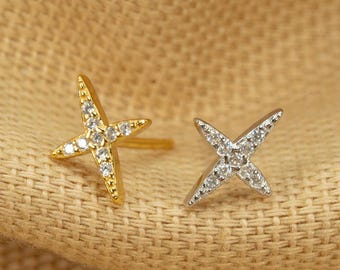Four Point Star Stud Earrings • Small Star Studs • Paved Starlight Earrings • Twinkle Studs • Gift For Her • Gold • Sterling Silver LJ25.20