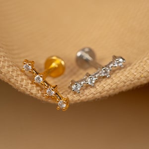 16G Ear Climber Bar Flat Back Stud - Screw Back Stud - CZ Lined Bar Earrings - Cartilage Piercing - Helix Stud - Gold - Silver - LJ28.31