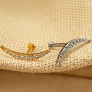 20G/18G/16G CZ Crescent Moon Push Pin • Threadless Flat Back Earring • Tragus • Flat Back Stud • Helix Stud • Cartilage • Titanium LJ19.10