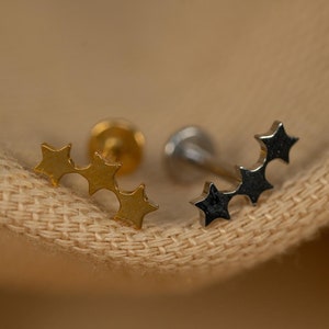 16G Shooting Stars Flat Back Stud - Screw Back Stud - Triple Stars Earrings - Cartilage Piercing - Helix Stud - Gold - Silver - LJ29.23