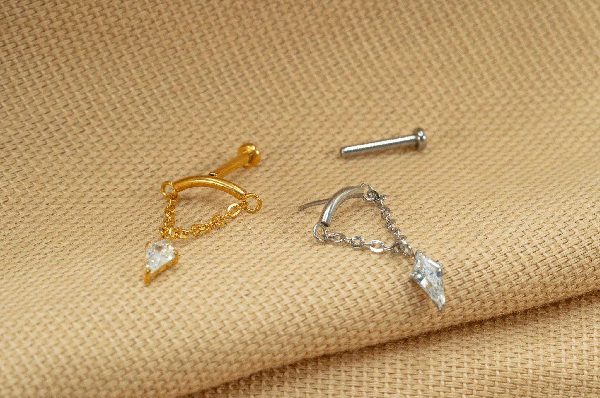 20G/18G/16G CZ Dangle Marquise Push Pin • Threadless Flat Back Earring • Tragus • Flat Back Stud • Helix Stud • Cartilage • Titanium LJ23.12
