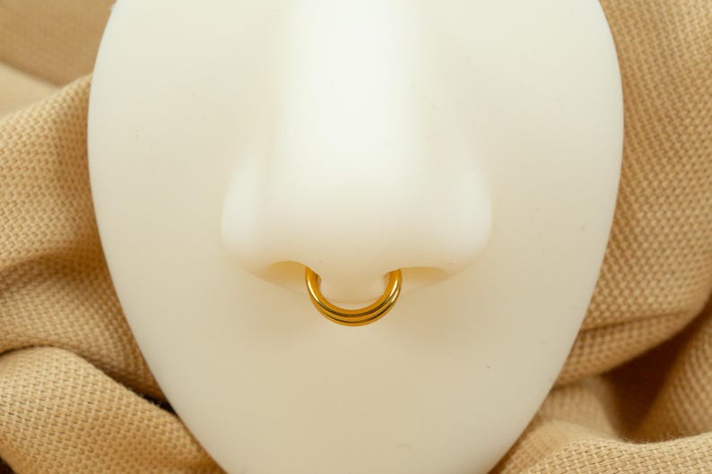 以下が含まれることがあります： ダブルフープのデザインの金の鼻のリング。リングは白いマネキンの頭につけられています。