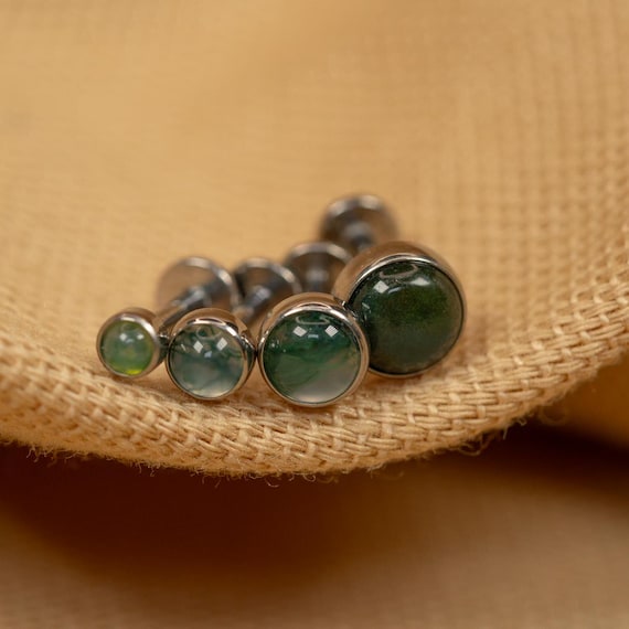 20G/18G/16G Moss Agate Natural Stone Push Pin Labret • Threadless Flat Back Earring • Tragus • Helix Stud • Cartilage • Titanium LJ28.23