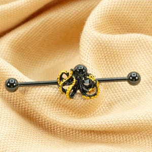 14G Black Kraken Industrial Piercing Barbell • Long Barbell • Ear Industrial • Octopus Titanium Barbell • Threaded Piercing • LJ20.9