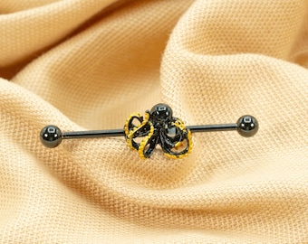 14G Black Kraken Industrial Piercing Barbell • Long Barbell • Ear Industrial • Octopus Titanium Barbell • Threaded Piercing • LJ20.9