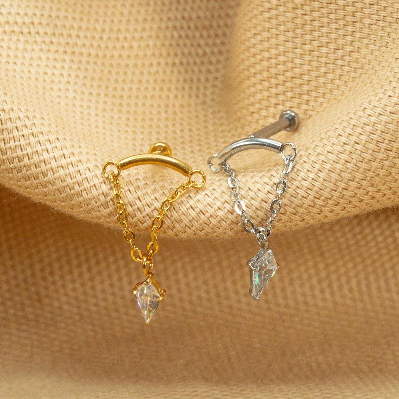 20G/18G/16G CZ Dangle Marquise Push Pin • Threadless Flat Back Earring • Tragus • Flat Back Stud • Helix Stud • Cartilage • Titanium LJ23.12