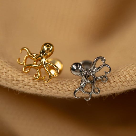 16G Octopus Flat Back Stud - Screw Back Stud - Tentacles Earrings - Cartilage Piercing - Helix Stud - Gold - Silver - LJ31.6