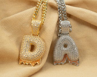 Diamond Bubble Letter Pendant Necklace 24 KT Gold Filled and Silver CZ Diamonds Fat Letter Drip Initial Necklace Women Jewelry Gift Jewelry