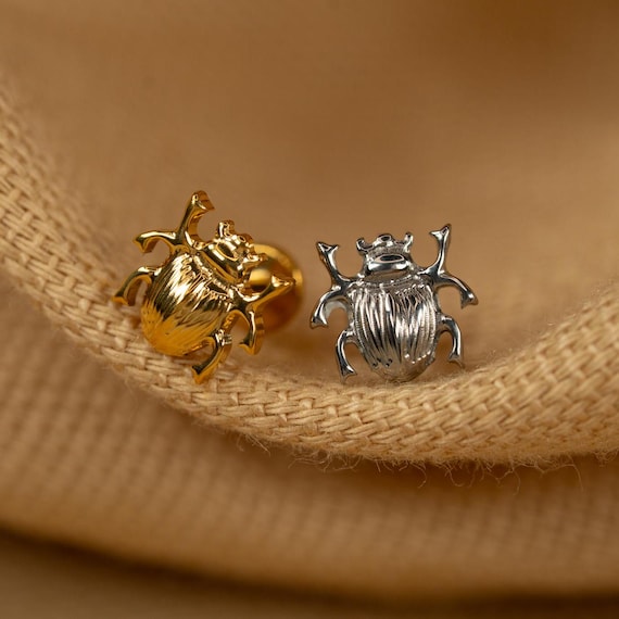 16G Scarab Beetle Flat Back Stud - Screw Back Stud - Dung Beetle Earrings - Cartilage Piercing - Helix Stud - Gold - Silver - LJ31.22