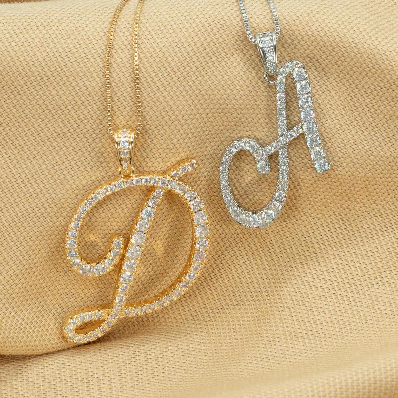 Diamond Cursive Letter Pendant Necklace 24 KT Gold Filled and Silver CZ Diamonds Regina George Initial Necklace Women Jewelry Gift Jewelry