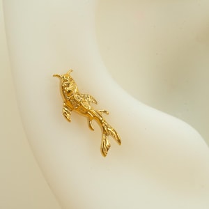 Op de afbeelding: Een gouden vis-oorring met een gedetailleerd ontwerp. De oorring wordt getoond op een witte achtergrond.