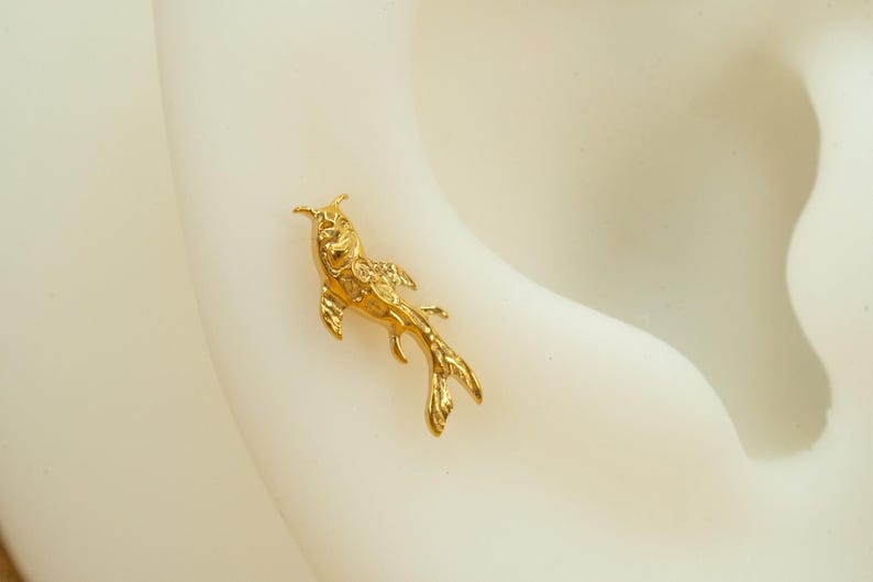 Op de afbeelding: Een gouden vis-oorring met een gedetailleerd ontwerp. De oorring wordt getoond op een witte achtergrond.