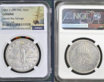 U.S Mint 1907-S Philippines Peso Silver Coin Manila Bay Salvage NGC Shipwreck