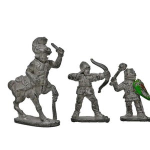 May include: A collection of five antique metal toy soldiers. The figures include a knight, a centaur, an archer, a soldier with a mace, and a knight with a shield. Each figure is painted with a silver-gray finish and has colorful accents.