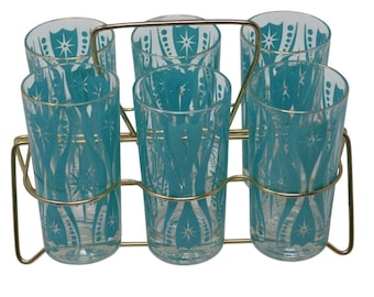 MCM Atomic Starburst Blue Teal Turquoise Highball Glasses with Original Carrier