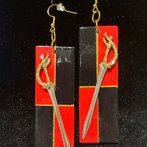 FREE SHIPPING Metal medieval swords on wood panel drop earrings