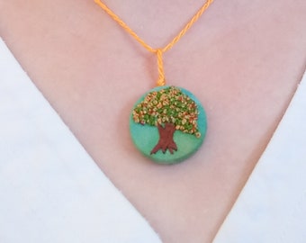 Embroidered Pendant Necklace, Embroidered Tree, Tree, Autumn Tree, Fall Tree, Gift under20, Hand Embroidered, Hand Dyed