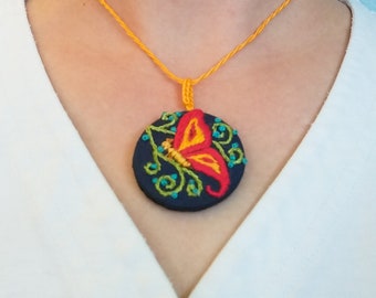 Embroidered Pendant Necklace, Butterfly Necklace, Flower Necklace, Vines, Gift under 30, Hand Embroidered