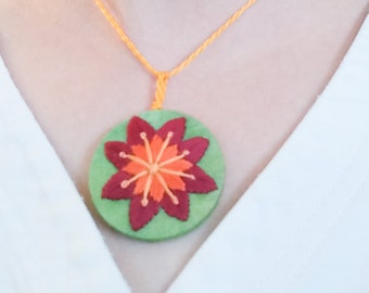 Embroidered Pendant Necklace, Flower Necklace, Mandala, Gift under 30, Hand Embroidered, Hand Dyed