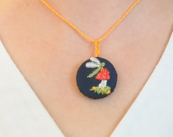 Embroidered Pendant Necklace, Dragonfly Necklace, Mushroom Necklace, Vines, Gift under 20, Hand Embroidered