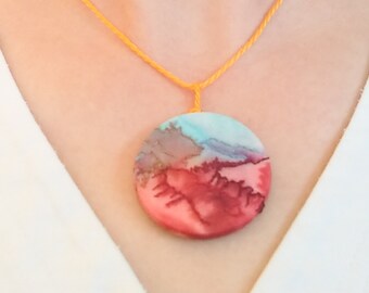Embroidered Pendant Necklace, Embroidered Landscape, Canyons Canyonlands, Mountains, Gift Under 30, Hand Embroidered, Hand Dyed