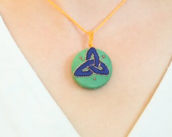 Embroidered Pendant Necklace, Celtic Knot Necklace, Trefoil, Gift under 20, Hand Embroidered, Hand Dyed
