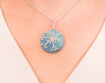 Embroidered Pendant Necklace, Christmas necklace, snowflake, winter, winter necklace, Hand Embroidered, Hand Dyed