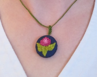Embroidered Pendant Necklace, Rose Necklace, Flowers, Gift under 20, Hand Embroidered