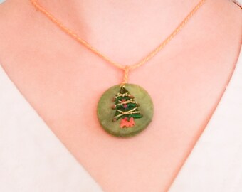 Embroidered Pendant Necklace, Christmas Necklace, Christmas Ornament, Christmas Tree, Holiday Gift, Hand Embroidered, Hand Dyed