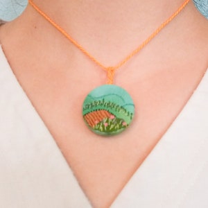 Embroidered Pendant Necklace, Embroidered Landscape, Fields, Rolling Hills, Mountains, Gift, Hand Embroidered, Hand Dyed