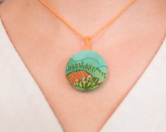 Embroidered Pendant Necklace, Embroidered Landscape, Fields, Rolling Hills, Mountains, Gift, Hand Embroidered, Hand Dyed