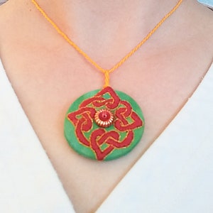 Embroidered Pendant Necklace, Celtic Knot Hearts, Beads, Romantic Gift, Hand Embroidered, Hand Dyed