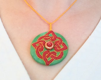 Embroidered Pendant Necklace, Celtic Knot Hearts, Beads, Romantic Gift, Hand Embroidered, Hand Dyed