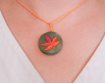 Embroidered Pendant Necklace, Leaf necklace, maple leaf, autumn leaf, fall leaf, Hand Embroidered, Hand Dyed