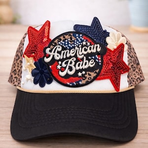 American Babe Trucker Hat, Patriotic Sequin Star Patch, Leopard Print