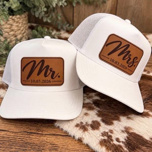 Personalized Mr. & Mrs. Trucker Hats, Custom Leather Patch, Wedding Date (Set of 2)
