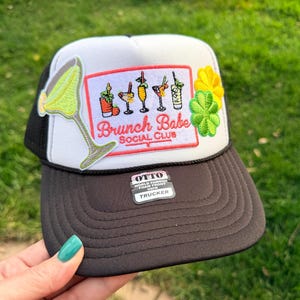 Brunch Babe Social Club Trucker Hat, Cocktail Embroidered Patch, Girls Trip Accessory