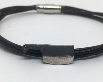 Leather Chef Cleaver Bracelet - Knife Jewelry  - Chef Gift Idea - Three Strand Leather Bangle - Culinary Jewelry