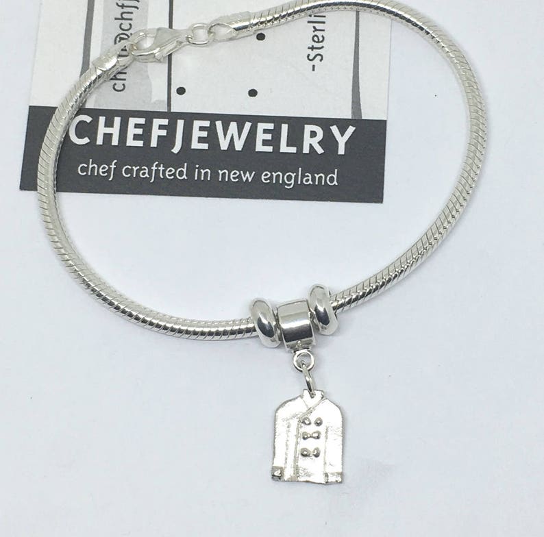 Culinary School Graduation Gift Sterling Chef Coat Charm Bracelet Chef Jacket Snake Chain Charm Bracelet Stopper Bead Bracelet