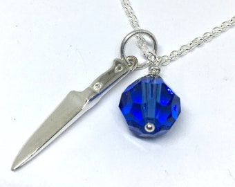 Chef Knife Birthstone Necklace - Woman Chef Gift - Chef Jewelry - Culinary Jewelry  - Culinary School Grad Gift - Blue Swarovski Crystal