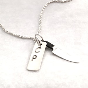 Sterling Personalized Chef Knife Necklace with Initials- Dog Tags - Chef Gift - Culinary Jewelry - Chef Jewelry - Culinary School Graduation