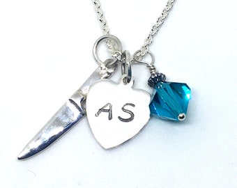 Personalized Chef Birthstone Necklace - Hand Stamped Initials Cluster Necklace - Graduation Gift Idea - Knife Jewelry - For Her