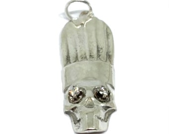 Chef Skull Charm with Lab Created Diamond Eyes in Solid Sterling Silver - Chef Pendant - Gifts for Cooks - Skeleton Charm - Culinary School