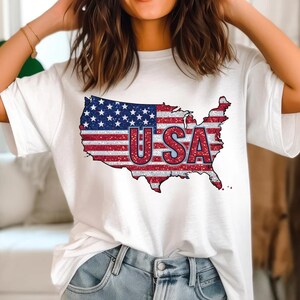 Chemise carte des États-Unis couleurs confort, chemise scintillante du 4 juillet, chemise des États-Unis, t-shirt tendance du 4 juillet, chemise des États-Unis scintillante scintillante, 4 juillet rétro