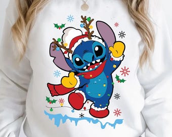 Camiseta navideña de Stitch con colores cómodos, camiseta navideña con luces de Stitch, camiseta navideña de Disney, camiseta navideña familiar de Disneyland, fiesta navideña de Disney