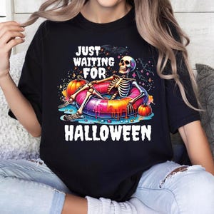 Comfort Colors Just Waiting for Halloween Shirt, Funny Skeleton Halloween Shirt, Fall Vibes, Spooky Summer Halloween Shirt, Skeleton Shirt
