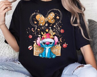 Camiseta navideña de Stitch con colores cómodos, camiseta navideña de Disney, camiseta de Stitch, camiseta navideña de Stitch con castillo de Disney, camisetas navideñas de Mickey